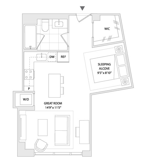 Floor plan for studio, 1 bath, 620 sqft